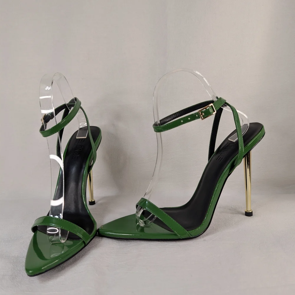 I AM FEMME Emerald Green Patent Stiletto Sandals Gold Heel Motivational Sole 8.5